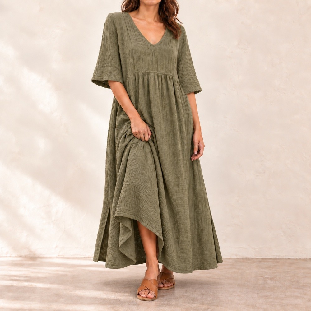 Soft Surroundings Cotton Gauze Maxi Dress Olive Green Pocket L Lagenlook Cottage